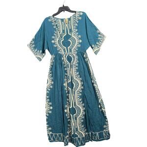 Shoreline Dress Womens L/XL Teal Embroidered Boho Maxi Rayon India Beach